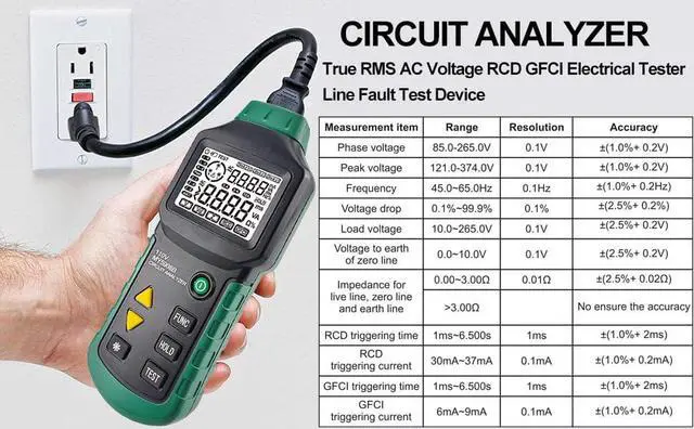 Alt view image 7 of 7 - Digital Circuit Analyzer True RMS AC Voltage RCD GFCI Electrical Tester Line Fault Test Device with LCD Backlight, Data Hold, US Plug, Storage Bag