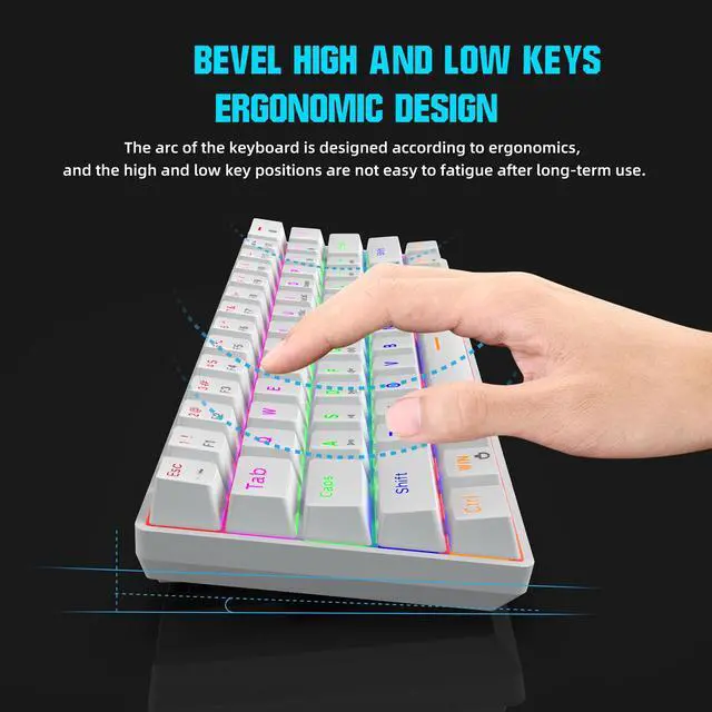 Alt view image 7 of 7 - 60% Mechanical Gaming Keyboard Blue Switch, Full Anti-Ghosting 61 Key, Mini Portable Rainbow Backlit, Wired USB Type-C Cable, 18 Backlit Effects for Typist Laptop PC Computer Mac Gamer White