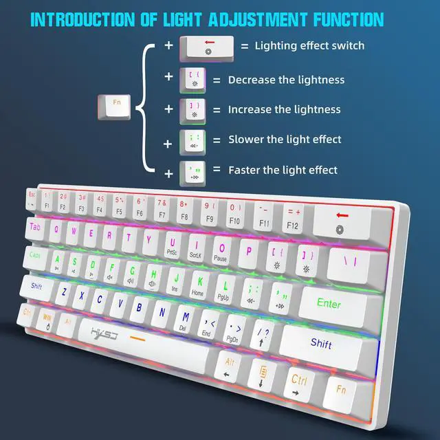 Alt view image 3 of 7 - 60% Mechanical Gaming Keyboard Blue Switch, Full Anti-Ghosting 61 Key, Mini Portable Rainbow Backlit, Wired USB Type-C Cable, 18 Backlit Effects for Typist Laptop PC Computer Mac Gamer White