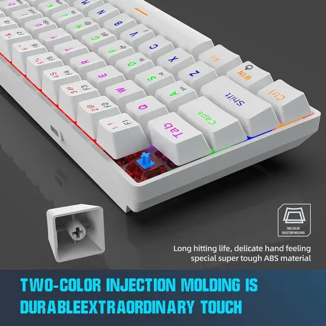 Alt view image 5 of 7 - 60% Mechanical Gaming Keyboard Blue Switch, Full Anti-Ghosting 61 Key, Mini Portable Rainbow Backlit, Wired USB Type-C Cable, 18 Backlit Effects for Typist Laptop PC Computer Mac Gamer White