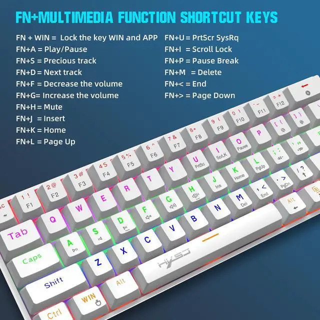 Alt view image 4 of 7 - 60% Mechanical Gaming Keyboard Blue Switch, Full Anti-Ghosting 61 Key, Mini Portable Rainbow Backlit, Wired USB Type-C Cable, 18 Backlit Effects for Typist Laptop PC Computer Mac Gamer White