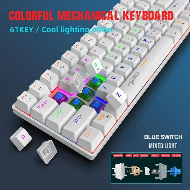 Alt view image 2 of 7 - 60% Mechanical Gaming Keyboard Blue Switch, Full Anti-Ghosting 61 Key, Mini Portable Rainbow Backlit, Wired USB Type-C Cable, 18 Backlit Effects for Typist Laptop PC Computer Mac Gamer White