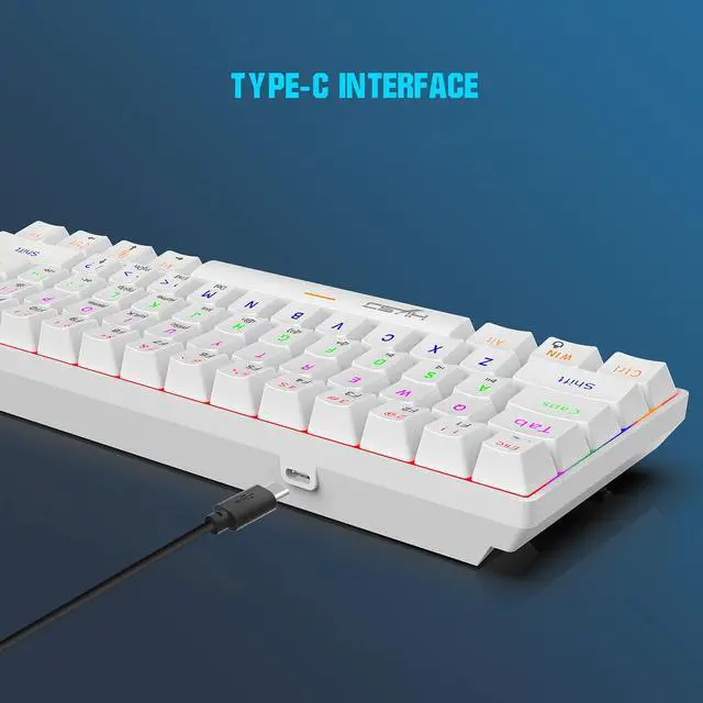 Alt view image 6 of 7 - 60% Mechanical Gaming Keyboard Blue Switch, Full Anti-Ghosting 61 Key, Mini Portable Rainbow Backlit, Wired USB Type-C Cable, 18 Backlit Effects for Typist Laptop PC Computer Mac Gamer White