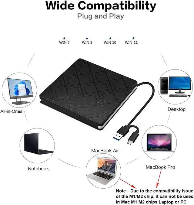 Alt view image 3 of 7 - AUTENS External CD Drive CD-RW DVD-R Combo Burner USB 3.0 Type-C CD DVD Portable External USB Portable For PC Laptop Computer Windows 11/10/8/7