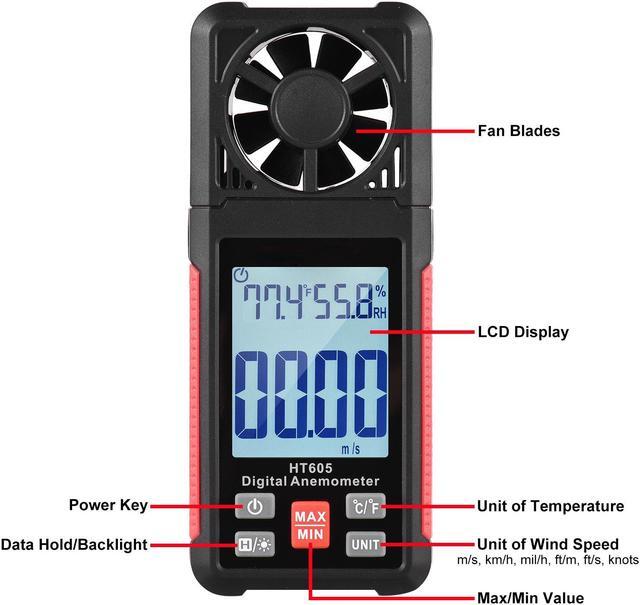Alt view image 2 of 7 - Handheld Anemometer, Digital Wind Gauges Wind Speed Meter Measures Wind Speed, Temperature, Humidity with Large Backlit LCD Display, MAX/MIN, Data Hold for Shooting Windsurfing Fishing Hunting