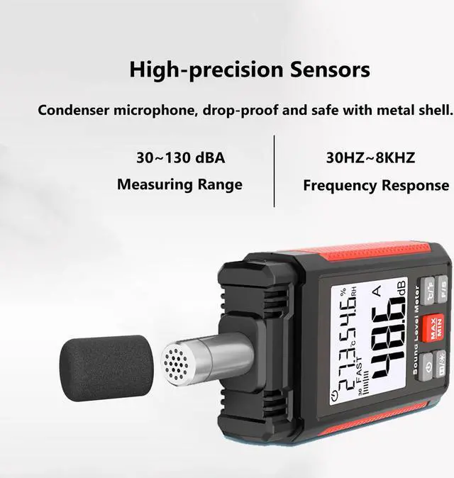 Alt view image 3 of 7 - Digital Decibel Meter, Sound Level Meter Noise Meter 30-130dBA with A Frequency Weighting, Temperature Humidity Measurement, Backlight LCD Display, Max/Min/Data Hold, Fast/Slow, Storage Bag