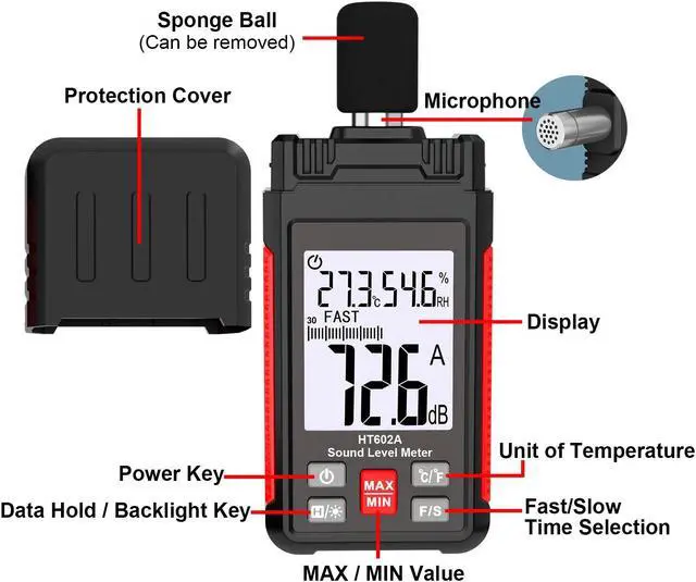 Alt view image 2 of 7 - Digital Decibel Meter, Sound Level Meter Noise Meter 30-130dBA with A Frequency Weighting, Temperature Humidity Measurement, Backlight LCD Display, Max/Min/Data Hold, Fast/Slow, Storage Bag
