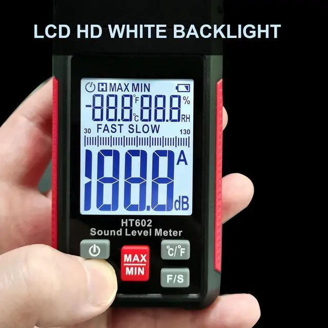 Alt view image 6 of 7 - Digital Decibel Meter, Sound Level Meter Noise Meter 30-130dBA with A Frequency Weighting, Temperature Humidity Measurement, Backlight LCD Display, Max/Min/Data Hold, Fast/Slow, Storage Bag