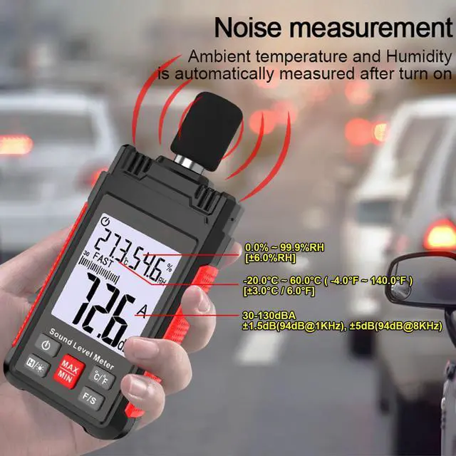 Alt view image 5 of 7 - Digital Decibel Meter, Sound Level Meter Noise Meter 30-130dBA with A Frequency Weighting, Temperature Humidity Measurement, Backlight LCD Display, Max/Min/Data Hold, Fast/Slow, Storage Bag