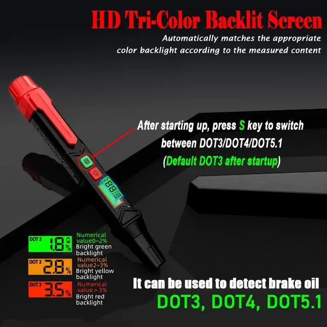 Alt view image 3 of 7 - Brake Fluid Liquid Tester, Automotive Brake Fluid Content Detector, Vehicle Brake Diagnostic Testing Tool, Hydraulic Fluid Liquid Tester Pen Oil Moisture Tester Analyzer Meter for DOT3 DOT4 DOT5.1