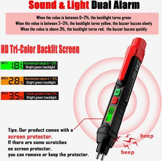 Alt view image 7 of 7 - Brake Fluid Liquid Tester, Automotive Brake Fluid Content Detector, Vehicle Brake Diagnostic Testing Tool, Hydraulic Fluid Liquid Tester Pen Oil Moisture Tester Analyzer Meter for DOT3 DOT4 DOT5.1