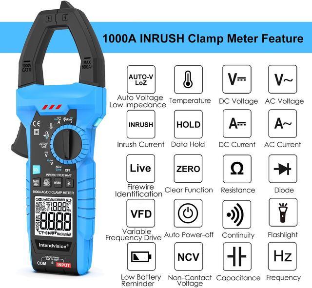 Alt view image 3 of 7 - Inrush Current Meter 1000A Digital Clamp Meter AC/DC Current Volt Amp Ohm Meter Clamp on Multimeter True RMS 6000 Counts NCV VFD LOZ Measures Current Voltage Temperature Capacitance Resistance