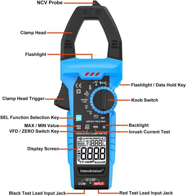Alt view image 2 of 7 - Inrush Current Meter 1000A Digital Clamp Meter AC/DC Current Volt Amp Ohm Meter Clamp on Multimeter True RMS 6000 Counts NCV VFD LOZ Measures Current Voltage Temperature Capacitance Resistance