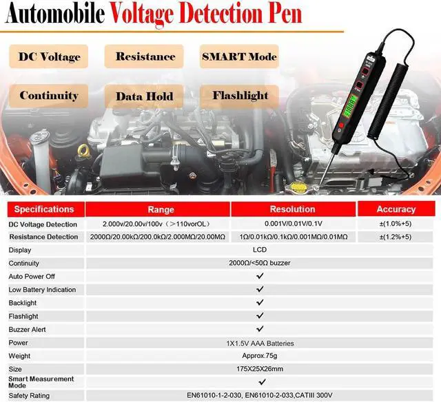 Alt view image 4 of 8 - Car Voltage Detector 100V DC Voltage Tester Automotive Electric Circuit Tester Car Truck Low Voltage & Light Tester with Flashlight, Backlight, LCD Display, 190mm Extended Spring Wire
