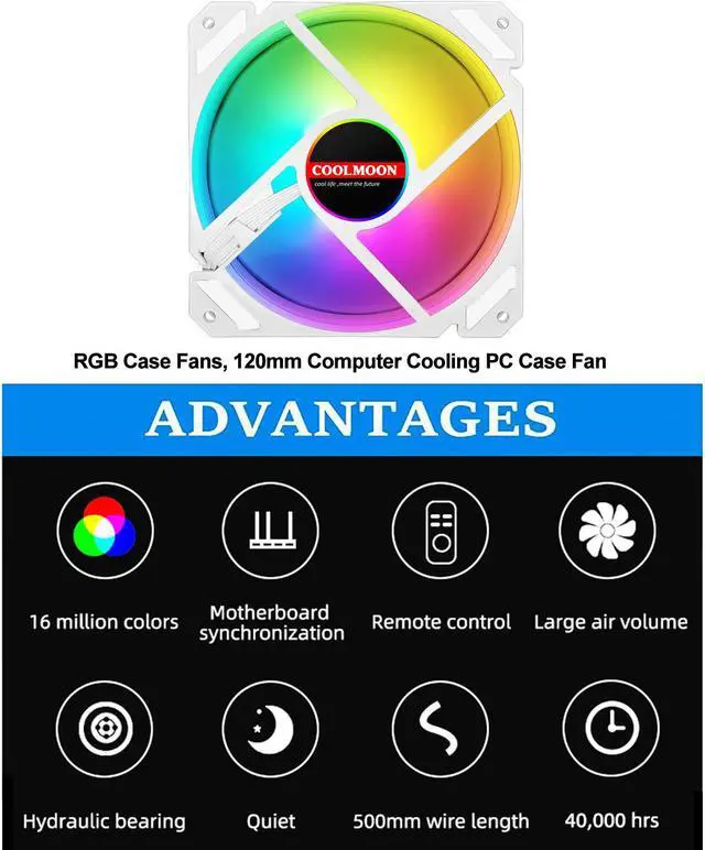 Alt view image 2 of 7 - 6 Pack RGB Case Fans, COOLMOON 120mm Computer Cooling PC Case Fan Addressable RGB Color Changing LED Fan with Remote Control, Music Rhythm Sync & 5V ARGB Motherboard Sync