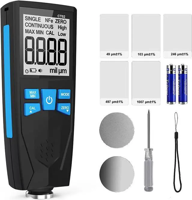 Car Paint Thickness Gauge, Automotive Coating Thickness Gauge Tester, Paint Mil Thickness Meter with Backlit LCD, Auto Digital Calibration, Data Hold, MAX/MIN, Fe/NFe Automatic Detection, 0~1500um