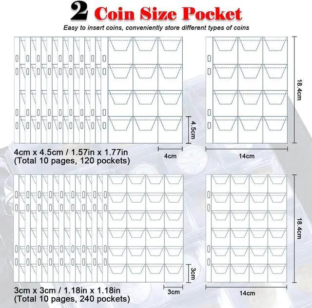 Alt view image 4 of 7 - Intendvision Coin Collection Album - 20 Pages 360 Pockets Coin Storage for Collectors, 2 Coin Size Pockets Coin Holder Coin Collection Book for Coins, U.S.Pennies Dimes Nickels Quarters, Small Badges