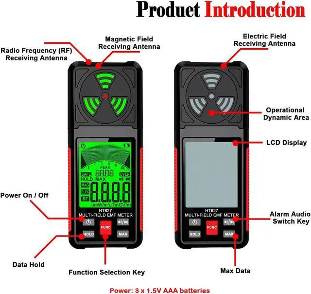 Alt view image 7 of 7 - EMF Meter, 3-in-1 Portable Electromagnetic Field Radiation Detector Handheld EMF Tester for EF, RF, MF, WiFi Signal, Radio Frequency Detector Suitable