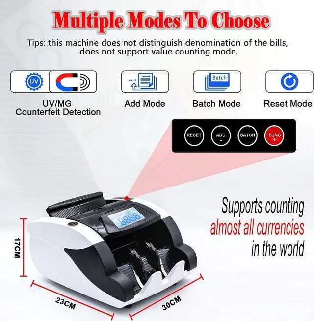 Alt view image 2 of 7 - Intendvision Money Counter Machine, Automatic Bill Counter Cash Counter Money Pcs Counting Machine with UV/MG Counterfeit Detection, Digital Display, Add/Batch Modes for Multi-Currency, AC 110V