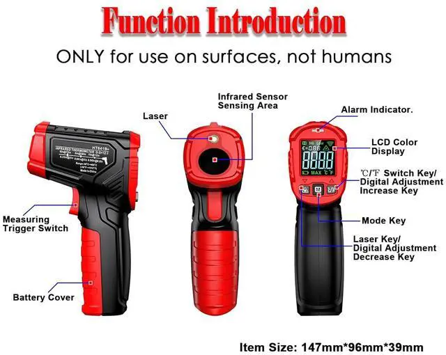 Alt view image 3 of 7 - Infrared Barbeque Meat Thermometer -50~600°C Non-Contact Digital IR Laser Temperature Gun with Adjustable Emissivity, High/Low Temperature Alarm for Pizza Oven Meat Griddle Grill
