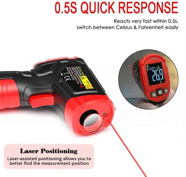 Alt view image 6 of 7 - Infrared Barbeque Meat Thermometer -50~600°C Non-Contact Digital IR Laser Temperature Gun with Adjustable Emissivity, High/Low Temperature Alarm for Pizza Oven Meat Griddle Grill