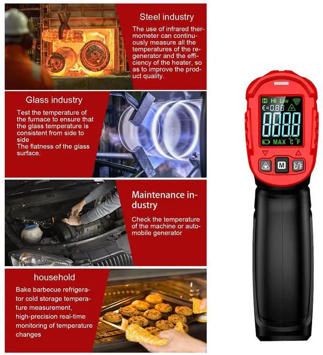Alt view image 7 of 7 - Infrared Barbeque Meat Thermometer -50~600°C Non-Contact Digital IR Laser Temperature Gun with Adjustable Emissivity, High/Low Temperature Alarm for Pizza Oven Meat Griddle Grill
