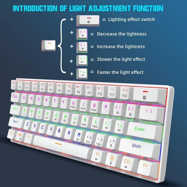 Alt view image 3 of 7 - Intendvision Mechanical Gaming Keyboard, Full Anti-Ghosting 61 Key, Mini Portable Rainbow Backlit, Wired USB Type-C Cable, 18 Backlit Effects for Typist Laptop PC Computer Mac Gamer White