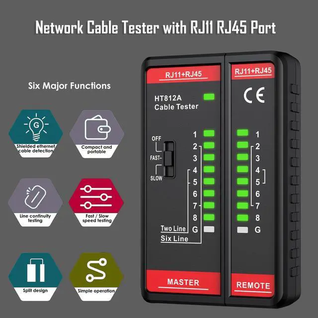 Alt view image 2 of 7 - Network Cable Tester with RJ45 RJ11 Port, Ethernet Cable Tester, Ethernet Tester Tool Fast/Slow Testing, POE Test UTP/STP Cable Checker, Telephone Line Continuity Test for CAT5/CAT5E/CAT6/CAT6A/CAT7