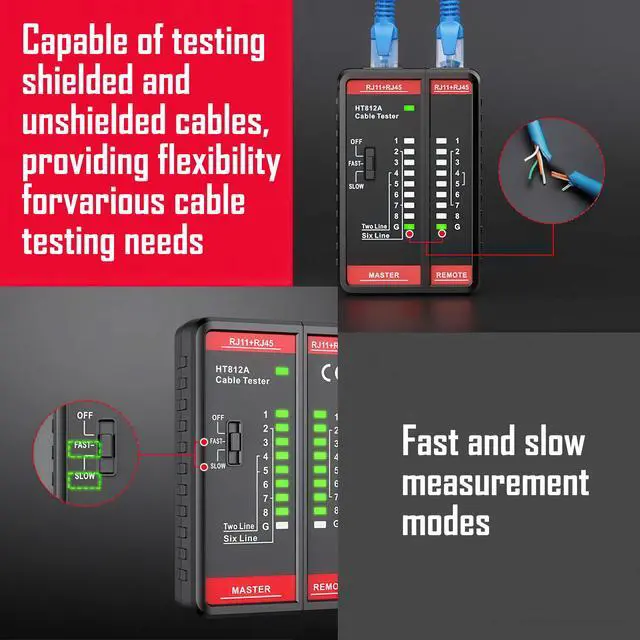 Alt view image 4 of 7 - Network Cable Tester with RJ45 RJ11 Port, Ethernet Cable Tester, Ethernet Tester Tool Fast/Slow Testing, POE Test UTP/STP Cable Checker, Telephone Line Continuity Test for CAT5/CAT5E/CAT6/CAT6A/CAT7
