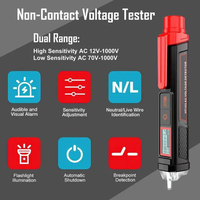 Alt view image 2 of 7 - Voltage Tester, Non-Contact Voltage Tester, Dual Range AC 12V/70V-1000V, Signal Percentage, Live/Null Wire Tester, Electrical Tester with LCD Display, Buzzer Alarm, Wire Breakpoint Finder