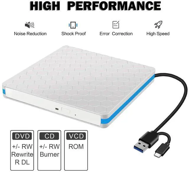 Alt view image 2 of 7 - Intendvision External CD DVD Drive Portable Type C & USB 3.0 Combo CD DVD Burner Player Writer for Windows 11/10/8/7 PC Laptop Desktop Computer (White)