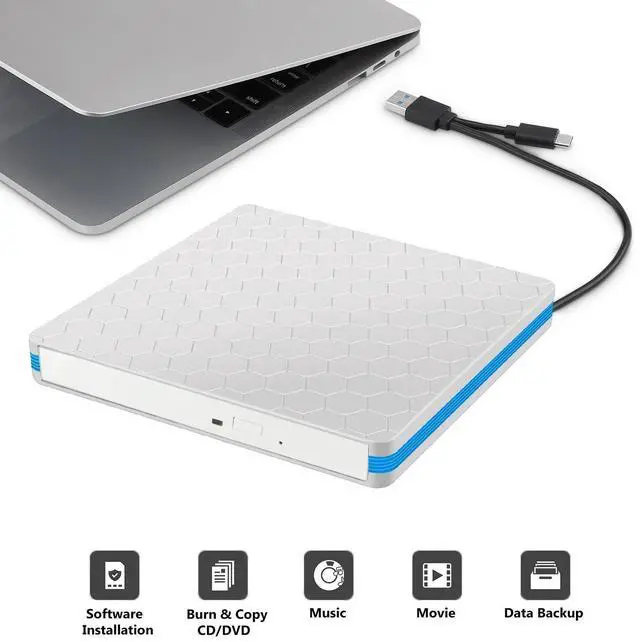 Alt view image 3 of 7 - Intendvision External CD DVD Drive Portable Type C & USB 3.0 Combo CD DVD Burner Player Writer for Windows 11/10/8/7 PC Laptop Desktop Computer (White)