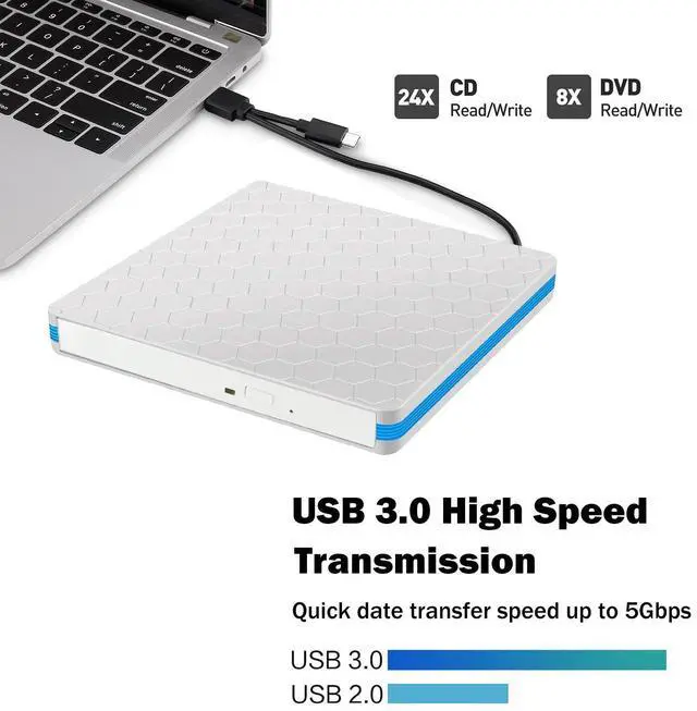 Alt view image 4 of 7 - Intendvision External CD DVD Drive Portable Type C & USB 3.0 Combo CD DVD Burner Player Writer for Windows 11/10/8/7 PC Laptop Desktop Computer (White)