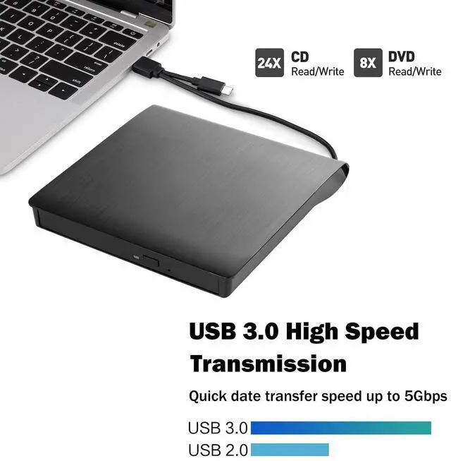 Alt view image 4 of 7 - AUTENS External CD DVD Drive USB 3.0 Type-C Portable Slim DVD/CD ROM +/-RW +/-R Optical Drive Player Reader Writer Burner for PC Laptop Computer Windows 11/10/8/7 (Black)