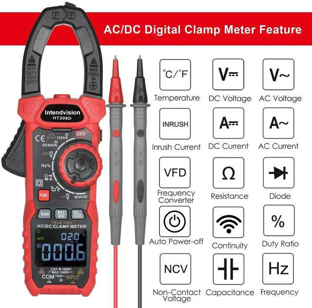 Alt view image 2 of 7 - Intendvision Inrush Clamp Meter 1000A True RMS AC/DC Current Amp Meter, VFD, LOZ Mode, 6000 Counts, Measures Current Voltage Temperature Capacitance Resistance Diodes Continuity Duty-Cycle