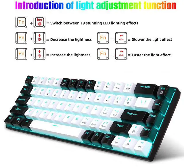 Alt view image 2 of 7 - Intendvision Mechanical Gaming Keyboard, RGB Backlit Wired Keyboard, 68 Keys Computer Keyboard with Multiple Lighting Modes for Windows/Desktop/Laptops/PC, Blue Switch (Black White)