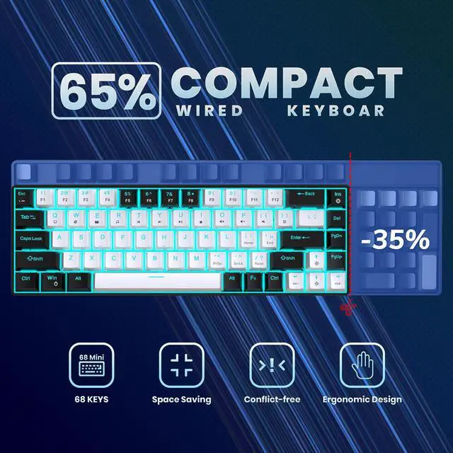 Alt view image 4 of 7 - Intendvision Mechanical Gaming Keyboard, RGB Backlit Wired Keyboard, 68 Keys Computer Keyboard with Multiple Lighting Modes for Windows/Desktop/Laptops/PC, Blue Switch (Black White)
