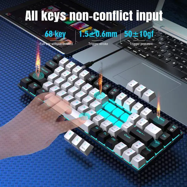 Alt view image 3 of 7 - Intendvision Mechanical Gaming Keyboard, RGB Backlit Wired Keyboard, 68 Keys Computer Keyboard with Multiple Lighting Modes for Windows/Desktop/Laptops/PC, Blue Switch (Black White)