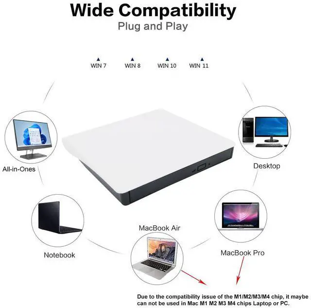 Alt view image 6 of 7 - Intendvision External CD DVD Drive USB 3.0 Type-C Portable Slim DVD/CD ROM +/-RW +/-R Optical Drive Player Reader Writer Burner for PC Laptop Computer Windows 11/10/8/7 (White)