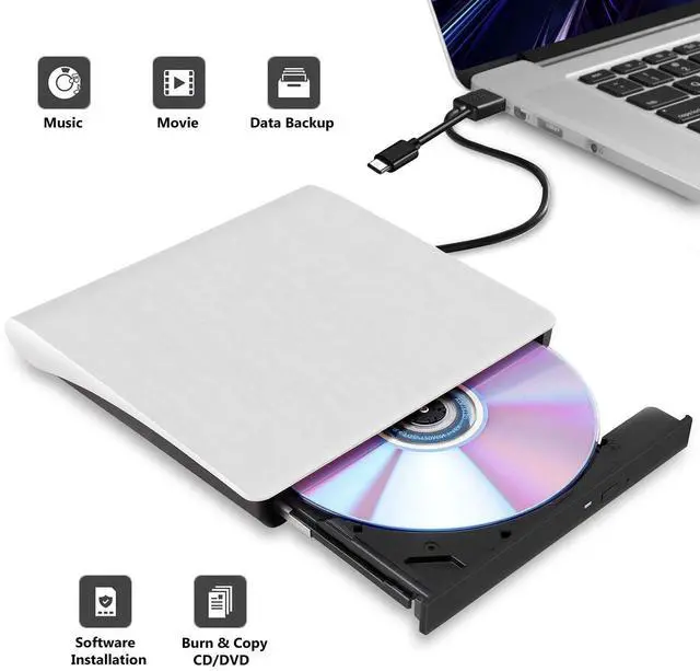 Alt view image 4 of 7 - Intendvision External CD DVD Drive USB 3.0 Type-C Portable Slim DVD/CD ROM +/-RW +/-R Optical Drive Player Reader Writer Burner for PC Laptop Computer Windows 11/10/8/7 (White)