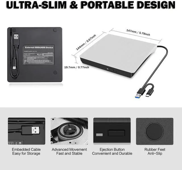 Alt view image 5 of 7 - Intendvision External CD DVD Drive USB 3.0 Type-C Portable Slim DVD/CD ROM +/-RW +/-R Optical Drive Player Reader Writer Burner for PC Laptop Computer Windows 11/10/8/7 (White)