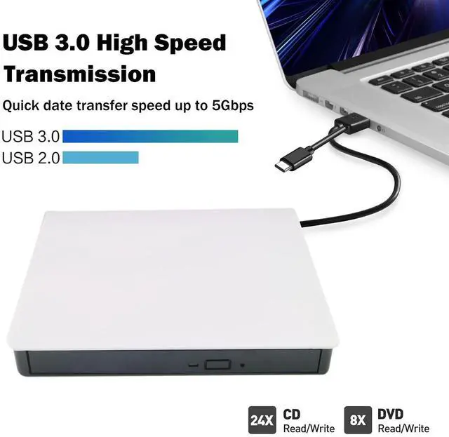 Alt view image 3 of 7 - Intendvision External CD DVD Drive USB 3.0 Type-C Portable Slim DVD/CD ROM +/-RW +/-R Optical Drive Player Reader Writer Burner for PC Laptop Computer Windows 11/10/8/7 (White)
