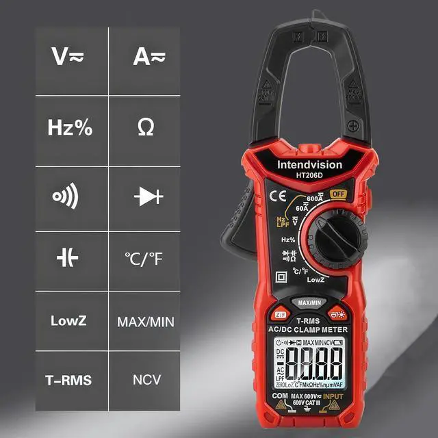 Alt view image 2 of 7 - Intendvision Digital Clamp Meter T-RMS 6000 Counts, Amp Clamp Voltage Tester Auto-ranging, NCV AC DC Current Voltage Resistance Capacitance Frequency Diode Temperature Measure Tester HT206D