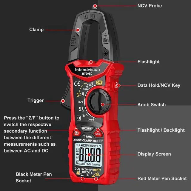 Alt view image 6 of 7 - Intendvision Digital Clamp Meter T-RMS 6000 Counts, Amp Clamp Voltage Tester Auto-ranging, NCV AC DC Current Voltage Resistance Capacitance Frequency Diode Temperature Measure Tester HT206D