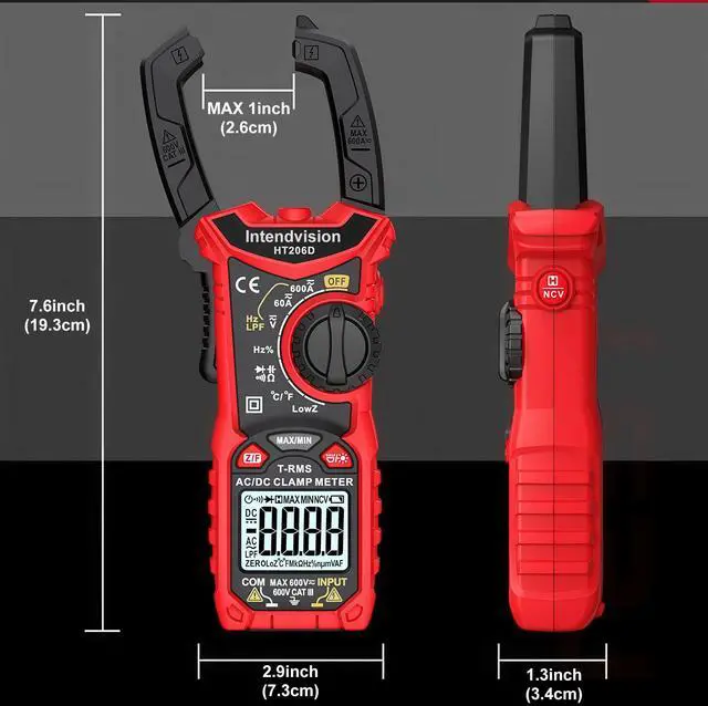 Alt view image 7 of 7 - Intendvision Digital Clamp Meter T-RMS 6000 Counts, Amp Clamp Voltage Tester Auto-ranging, NCV AC DC Current Voltage Resistance Capacitance Frequency Diode Temperature Measure Tester HT206D