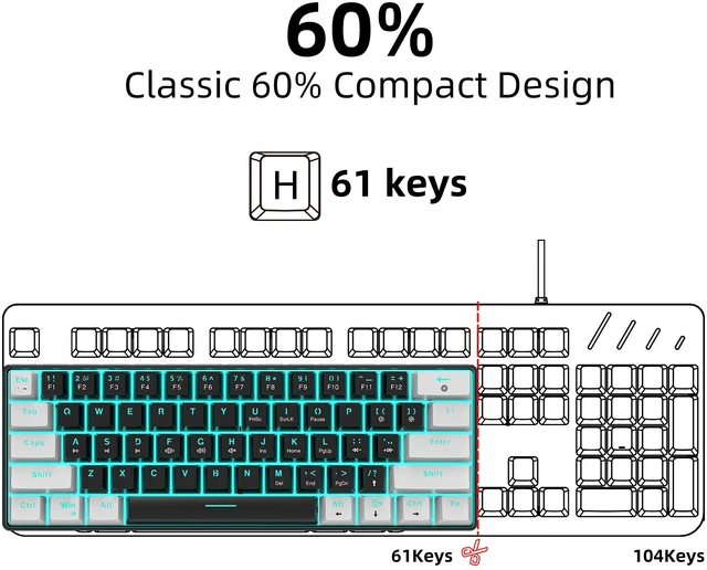 Alt view image 5 of 7 - Mechanical Gaming Keyboard, RGB Backlit Wired Keyboard, 61 Keys Computer Keyboard with Multiple Lighting Modes for Windows/Desktop/Laptops/PC, Blue Switch (White Black)