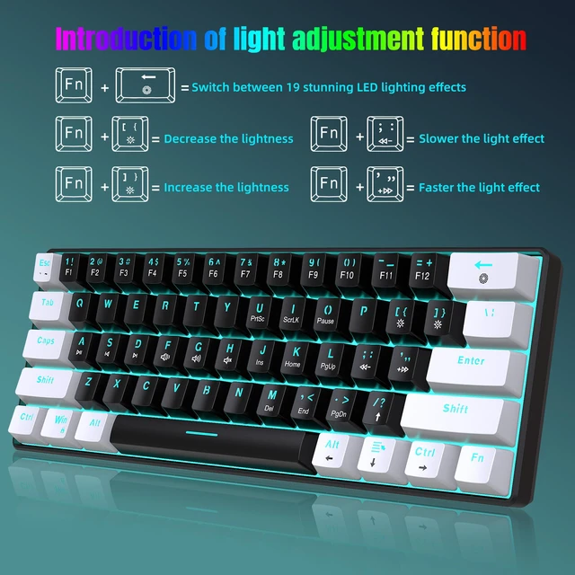 Alt view image 2 of 7 - Mechanical Gaming Keyboard, RGB Backlit Wired Keyboard, 61 Keys Computer Keyboard with Multiple Lighting Modes for Windows/Desktop/Laptops/PC, Blue Switch (White Black)