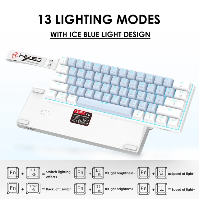Alt view image 4 of 7 - HXSJ Mechanical Gaming Keyboard, RGB Backlit Wired Keyboard, 61 Keys with Multiple Lighting Modes for Windows/Mac/Desktop/Laptops/PC, Blue Switch (White Blue)