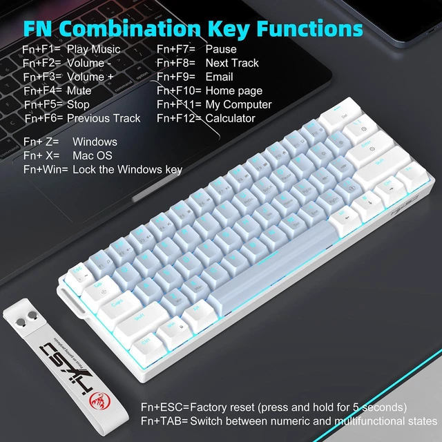 Alt view image 3 of 7 - HXSJ Mechanical Gaming Keyboard, RGB Backlit Wired Keyboard, 61 Keys with Multiple Lighting Modes for Windows/Mac/Desktop/Laptops/PC, Blue Switch (White Blue)