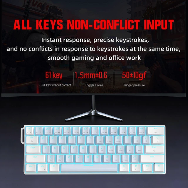 Alt view image 5 of 7 - HXSJ Mechanical Gaming Keyboard, RGB Backlit Wired Keyboard, 61 Keys with Multiple Lighting Modes for Windows/Mac/Desktop/Laptops/PC, Blue Switch (White Blue)